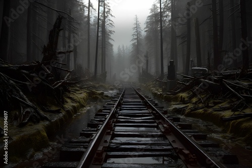 AI generated illustration of a railroad track winding through a lush forest