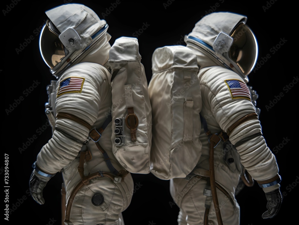 AI generated illustration of a pair of astronauts in white space suits on a dark background