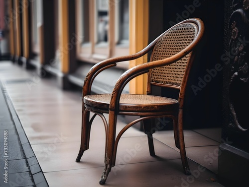 AI generated illustration of a wooden chair on a sidewalk of a street © Wirestock