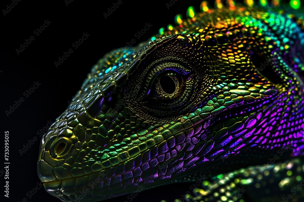 Obraz premium AI generated illustration of a brightly colored lizard head against a black background