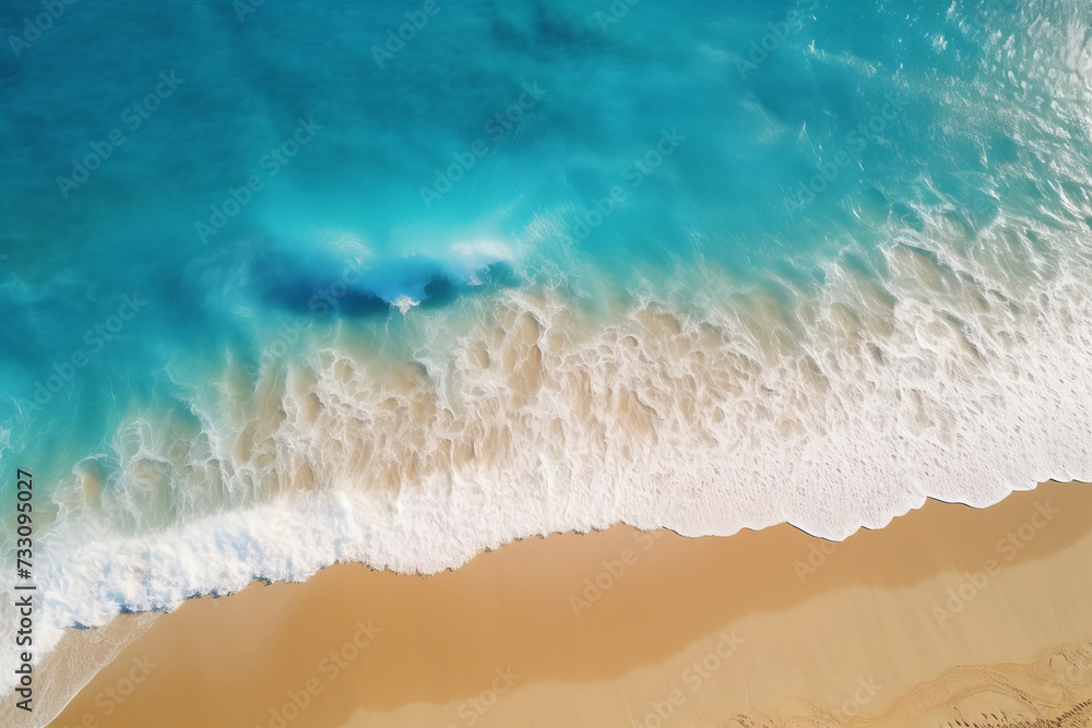 Bird's eye view of a tropical beach with pristine blue waters and golden sands, a paradise from above, AI Generative. Bird's eye view of a tropical beach with pristine blue waters and golden sands, a paradise from above, AI Generative.