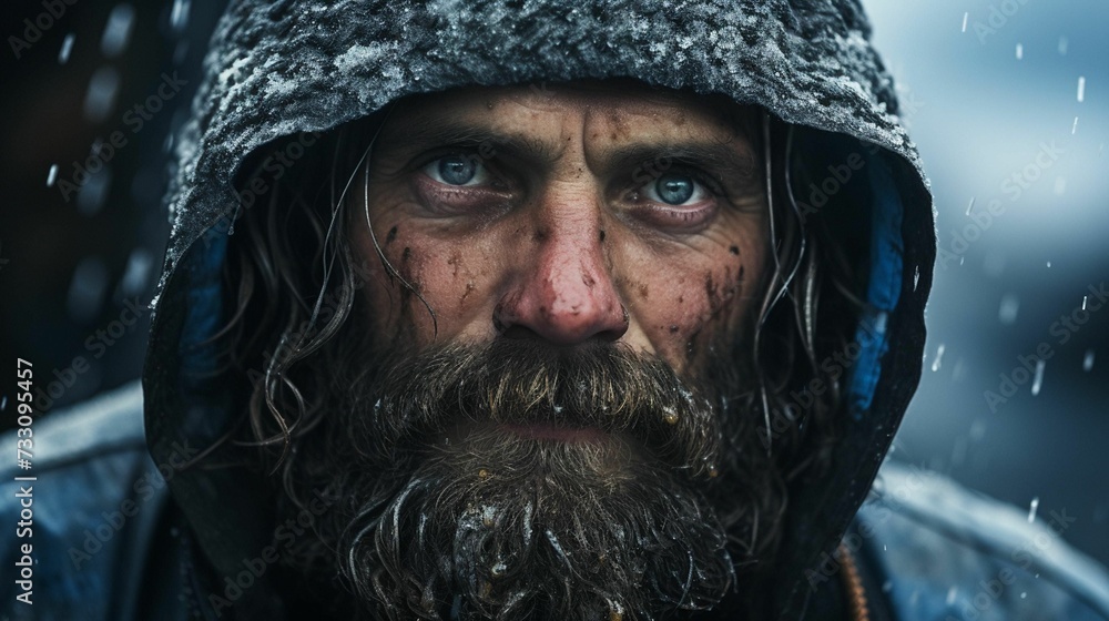 Portrait of a Caucasian male in a snowy outdoor environment, AI-generated. Portrait of a Caucasian male in a snowy outdoor environment, AI-generated.