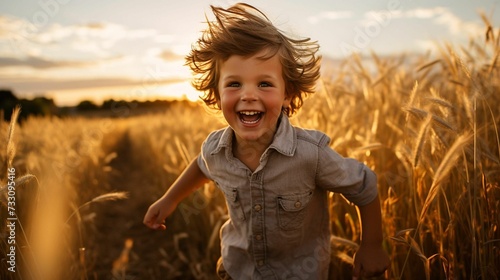 Young boy running joyfully through a sun-drenched wheat field, AI-generated.
