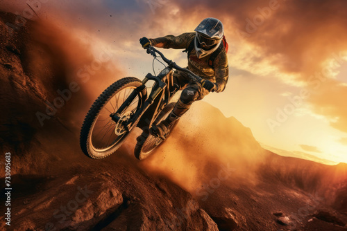 Mountain biker in action, a thrilling embodiment of extreme sports and adventure, AI Generative.