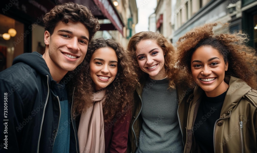 Fototapeta premium AI illustration of a diverse group of friends taking a selfie