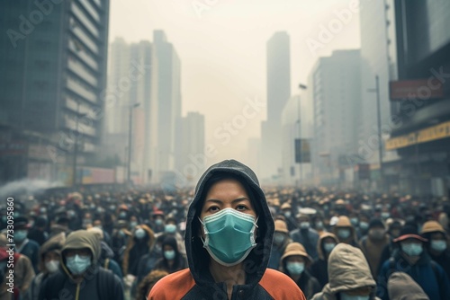 AI generated illustration of a large crowd of people, all wearing protective face masks photo