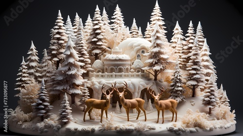 A breathtaking view of a Christmas cake inspired by a winter forest, featuring meticulously crafted edible pine trees, graceful deer figurines, and a light dusting of edible snow, all captured  © ALLAH KING OF WORLD