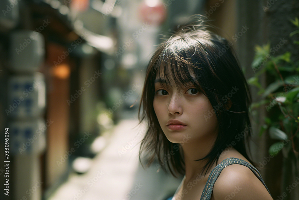 A happy young woman with brunette hair smiling in the city streets during summertime A happy young woman with brunette hair smiling in the city streets during summertime
