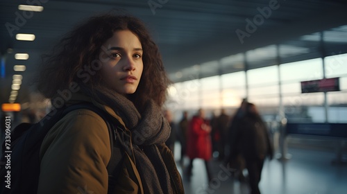 a woman in scarf standing in an airport station with people walking behind her © Wirestock