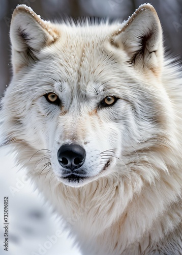 Close up of white wolf with snow background
