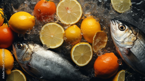 Fresh Sardines on Ice with Lemons and Herbs - a raw  healthy seafood selection ready for culinary preparation