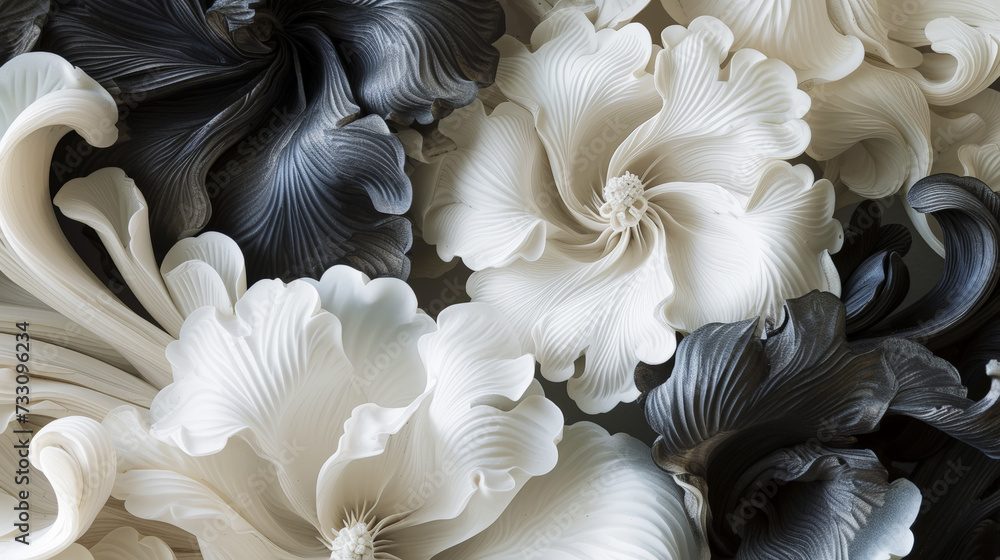 The flowers, reminiscent of sculpture. In black, white and gray tones. Abstract trendy background. Generative AI The flowers, reminiscent of sculpture. In black, white and gray tones. Abstract trendy background. Generative AI