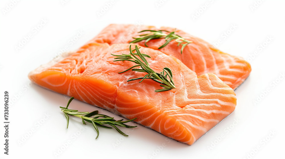 Fresh raw salmon fillet and steak with lemon slices on a green background Fresh raw salmon fillet and steak with lemon slices on a green background
