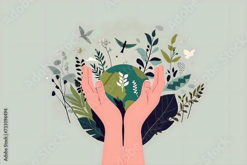 AI generated illustration of hands cradling Earth amid lush foliage and blossoms