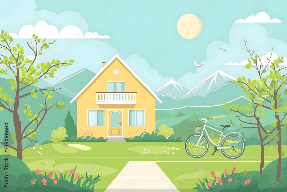 AI generated illustration of a house with a bicycle parked in the foreground