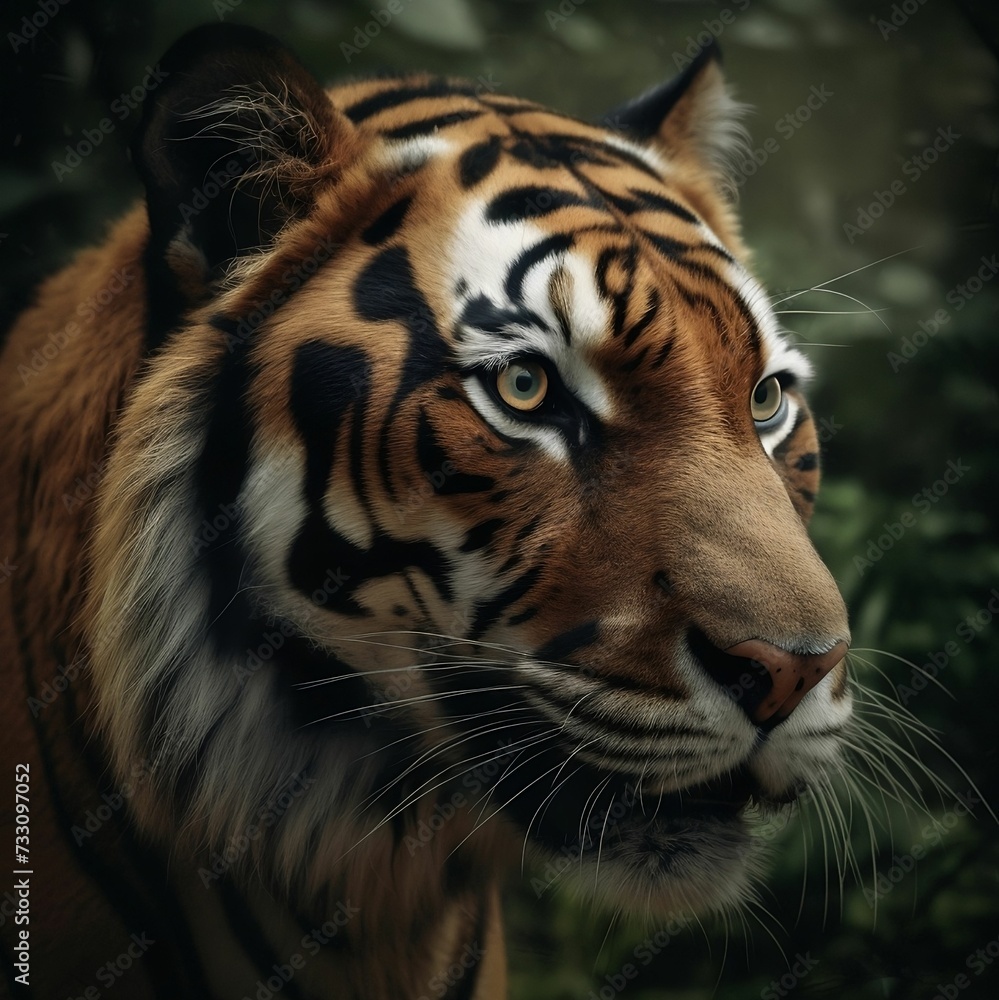 Fototapeta premium AI generated illustration of a majestic Bengal tiger's face in a lush, green forest