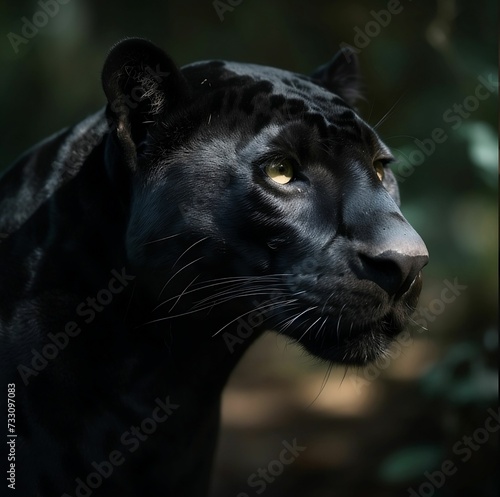 AI-generated illustration of a close-up of a black panther with light yellow eyes