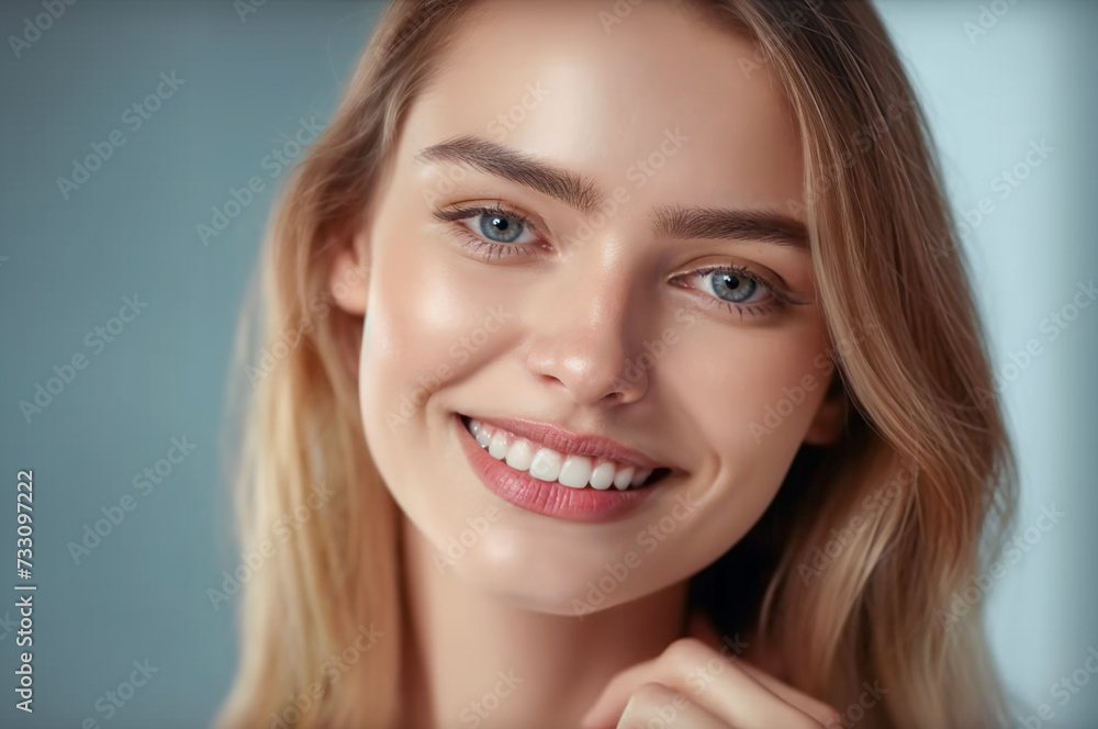Beauty portrait of a smiling blonde woman with a smile on her white teeth. Banner for dentistry. Beauty portrait of a smiling blonde woman with a smile on her white teeth. Banner for dentistry.