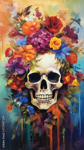 AI generated illustration of an oil painting of a yellow and pink flowers surrounding a human skull