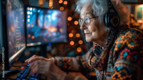 Happy gamer old woman using Wireless Headphone, playing games in an internet cafe. photo