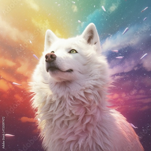 AI generated illustration of a white timber wolf stands on a grassy knoll gazing up to the sky
