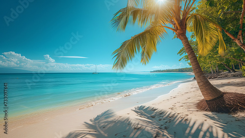Pristine tropical beach with azure waters and towering palms  an idyllic escape AI Generative.