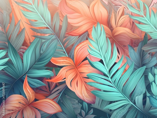 AI generated illustration of a lush tropical background with large leaves in vibrant colors