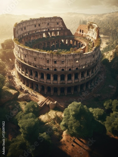AI generated illustration of Aerial view of the Colosseum surrounded by lush dense forest photo