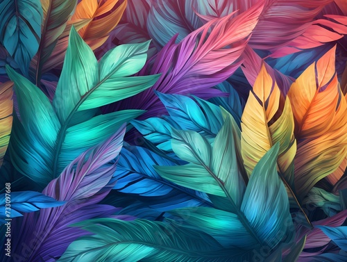 AI generated illustration of a lush tropical background with large leaves in vibrant colors © Wirestock