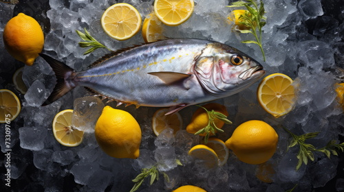 "Whole Tuna Fish on Dark Background with Citrus and Spices