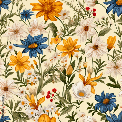 Rustic Wildflower Charm, pattern that evokes the rustic charm of wildflowers found along country roadsides and in old farm meadows, Seamless Floral Pattern, Wildflower JPG, Created using generative AI