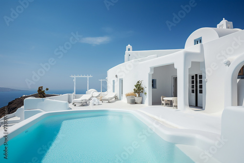 Luxurious modern property on a hill with stunning sea views. Santorini style villa, Mediterranean white house, blue water pool.