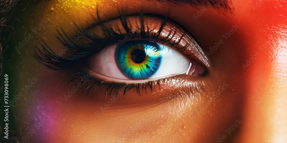 Multicolored human eye with a curious expression. AI-generated.