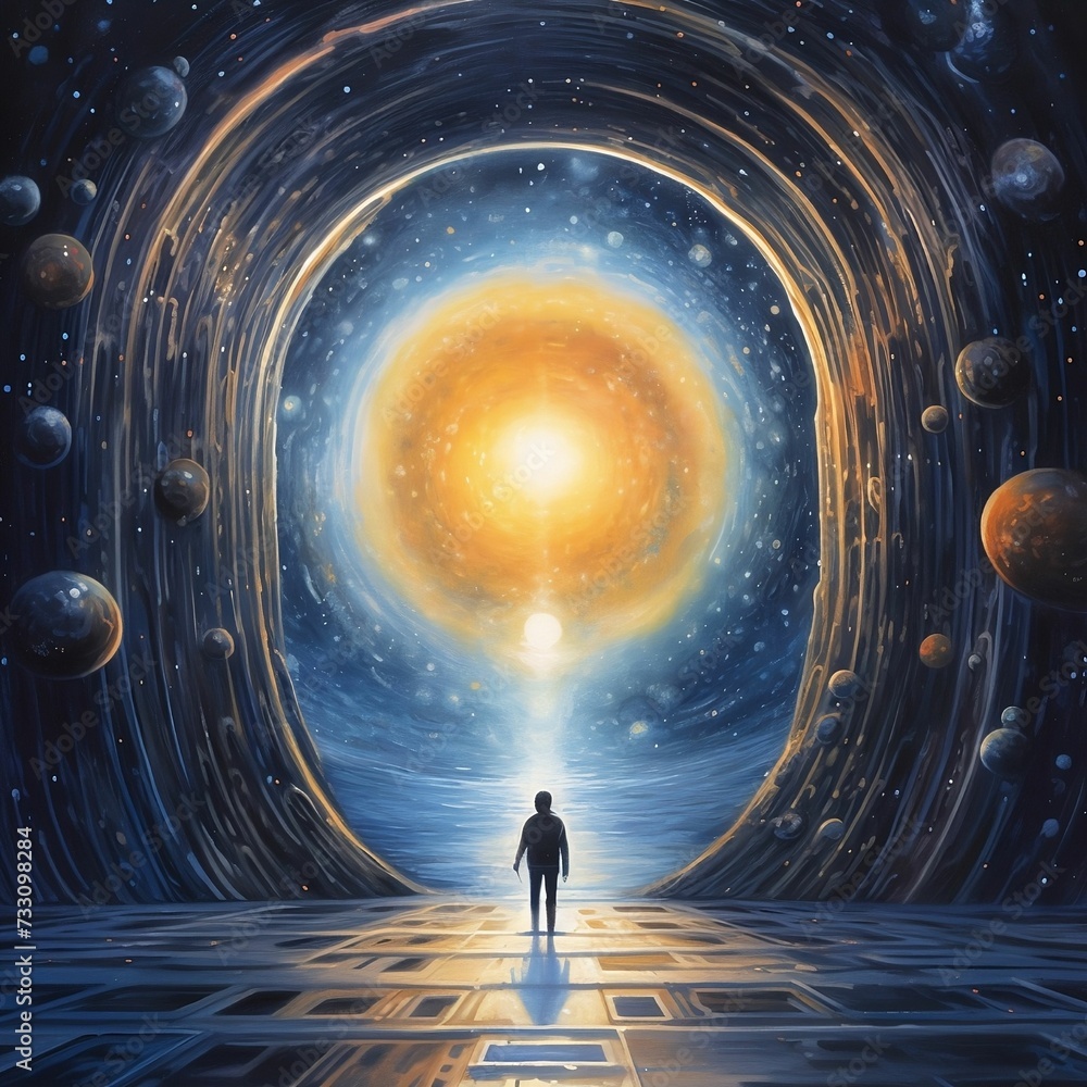 Galaxy with planets where there is a man standing in the middle Galaxy with planets where there is a man standing in the middle