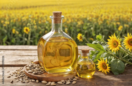 A field of sunflowers, a wooden table, two bottles of sunflower oil, and seeds