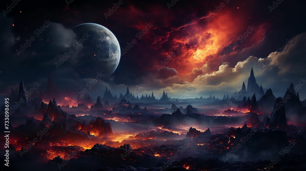 stunning landscape of a planet featuring illuminated mountain peaks and glowing lava flows