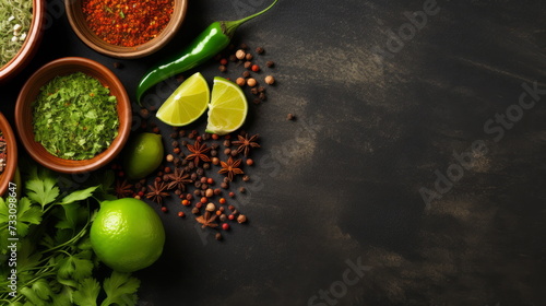 Assorted Spices and Herbs - A vibrant array of spices and herbs including turmeric, peppercorns, and dried chilies on a dark textured background, perfect for culinary themes