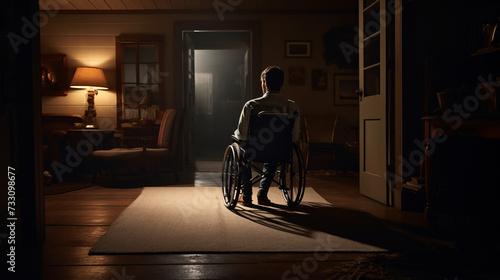 Man in a wheelchair, illuminated by soft lighting, in a dark hallway. Ai generated
