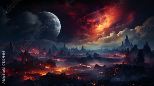 stunning landscape of a planet featuring illuminated mountain peaks and glowing lava flows