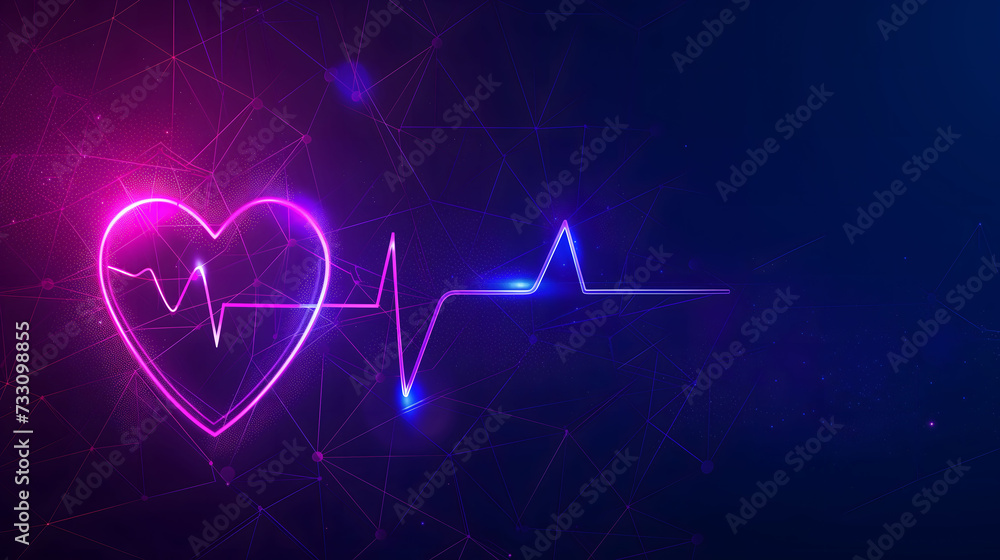 Neon Heartbeat Line with Heart Shape on Dark Geometric Background