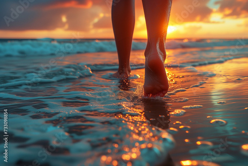 Walking feet on the beach at sunset.