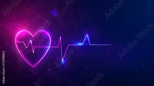 Neon Heartbeat Line with Heart Shape on Dark Geometric Background