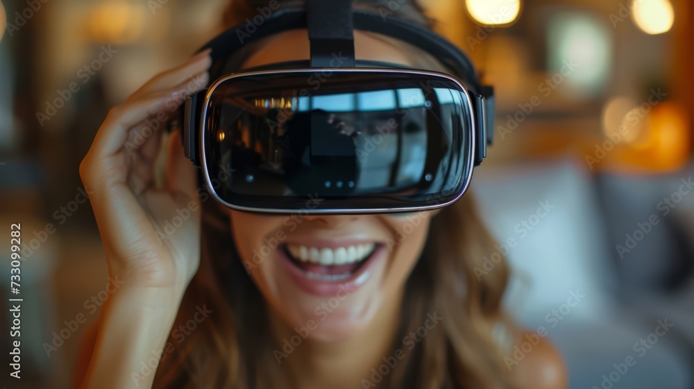 Happy beautiful woman using VR Glasses Happy beautiful woman using VR Glasses