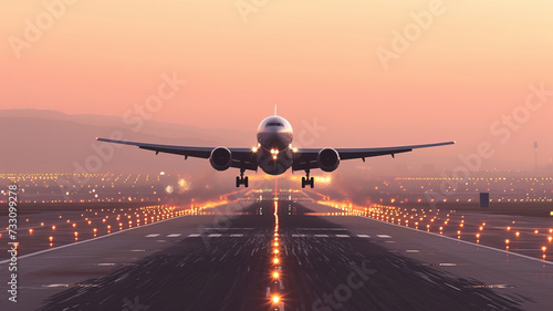 Commercial airplane taking off at sunset, showcasing the dynamics of modern air travel, AI Generative.