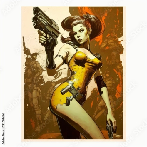 a poster featuring a girl in yellow holding a gun, in an illustration