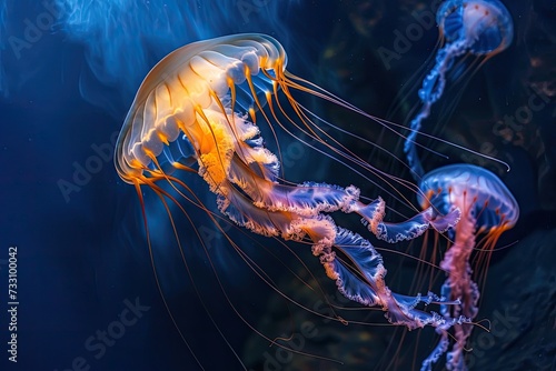 Serene beauty  captivating jellyfish in the underwater world  a mesmerizing display of aesthetics  tranquility  and marine elegance  perfect for serene aquatic imagery