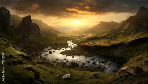 AI generated illustration of a sunset over the green mountains with a tranquil stream between