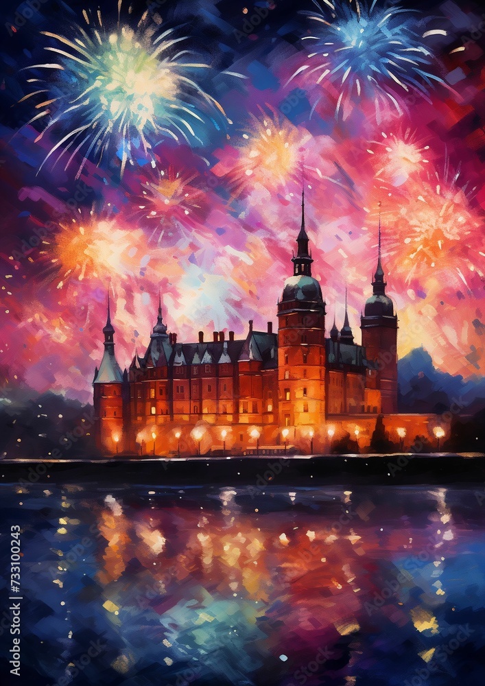 AI generated illustration of a palace situated on the water with a backdrop of colorful fireworks