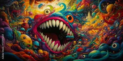 AI generated illustration of an abstract painting of a large open mouth with menacing monsters © Wirestock