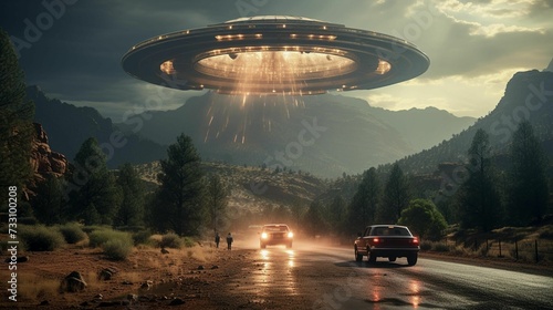 AI generated illustration of road with a car driving along and a flying saucer hovering above it photo